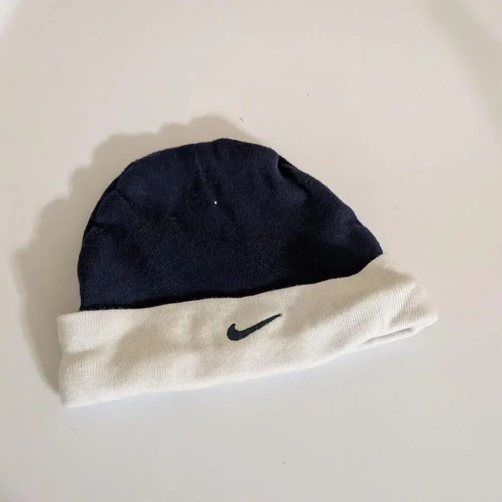 Nike Navy Blue Baby Beanie With White Fold Over And Blue Nike Logo